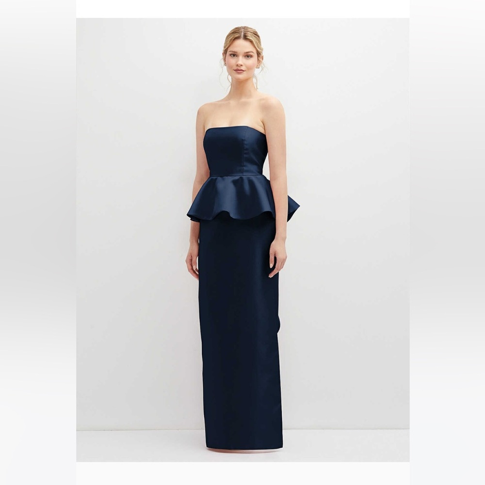 Alfred Sung D858 strapless satin maxi dress with ruffle peplum navy NWOT